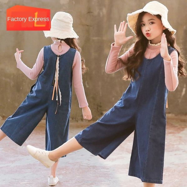 

d1z60 girls' jeans autumn 2019 new korean loose jeans pant suit wide leg pants children's medium and large children's cotton, Blue
