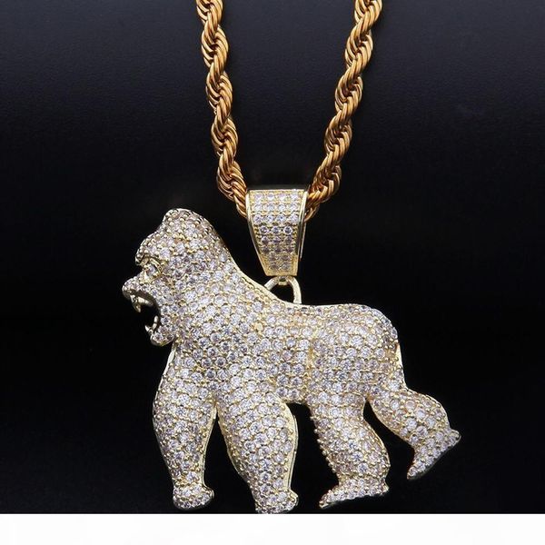 

hip hop jewelry gorilla pendant necklace gold silver color bling cubic zircon men 's animal necklace for gift