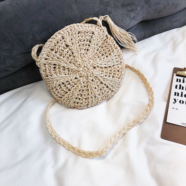 

2020 new round women lady handmade knitted straw woven rattan bags straw messenger beach bag girl national handbags messenger bags