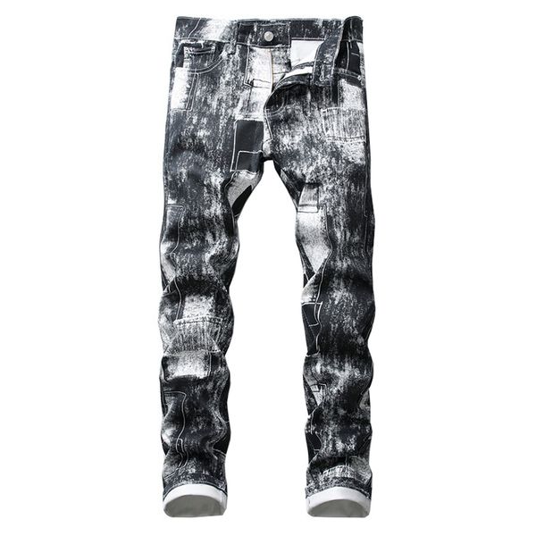 

men's jeans slim fit black printed white fashion smoky gray stretch pants, Blue