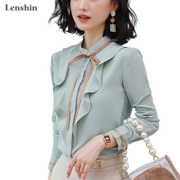 

lenshin soft and comfortable shirt long sleeve high-quality blouse with tie office lady work wear formal green for women, White