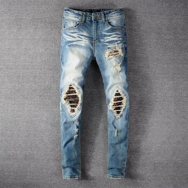 

men's designer jeans 2020 fashion new high street trendy ripped jeans distressed slim punk youth pants zipper slim trousers, Blue
