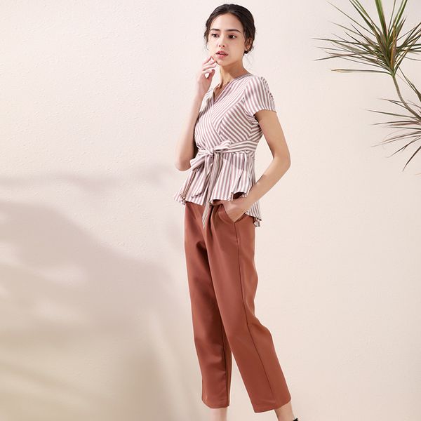 

american fashion suits ladies small sweet wind 2020 waist striped shirt jacket + fashion casual pants two-piece outfit, White