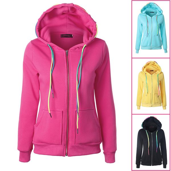 

hooded color drawstring womens jackets spring autumn solid color cardigan slim women coats pockets ladies outerwear, Black;brown