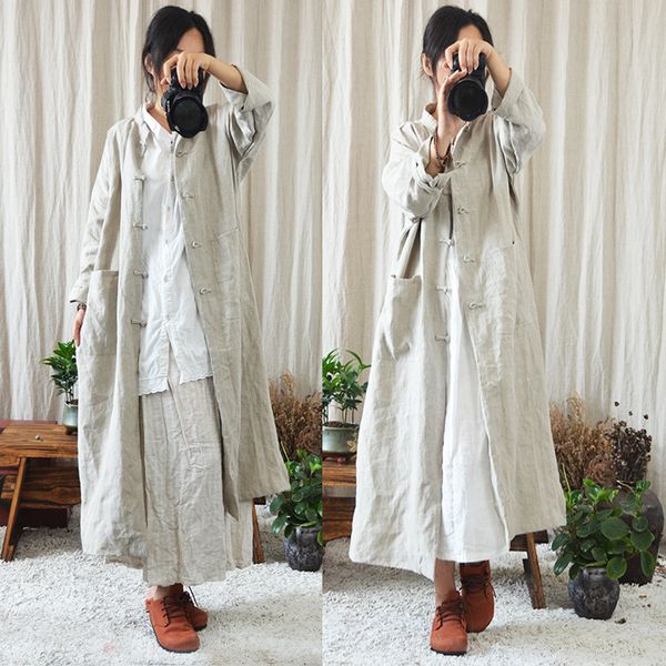 

women's trench coats women handmade button retro solid color chinese style coat outwear ladies long ovetcoat female vintage, Tan;black