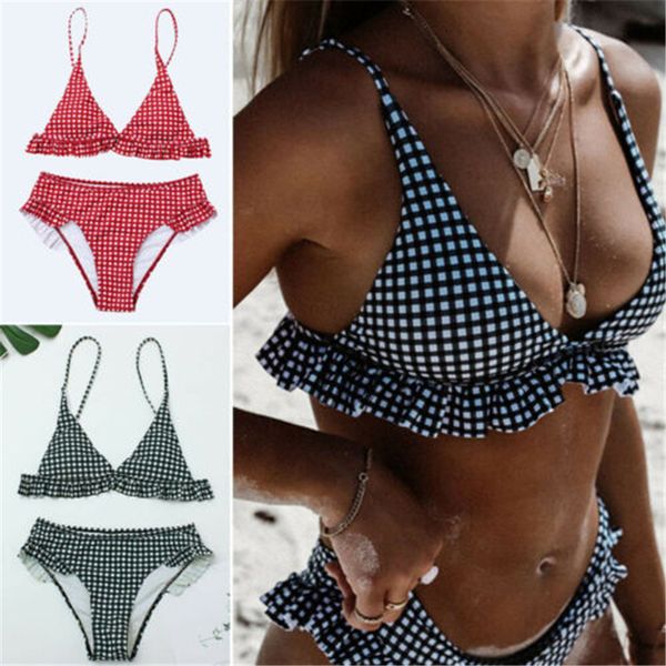 

bikini women swimwear plaid swimsuit bikini set polyester bathing suit ruffle swimsuit two piece swimwear beachwear swimming suit, White;black