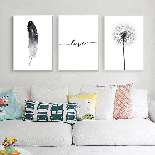 

3 panels black and white dandelion love feathers wall art prints canvas painting modern nordic style picture minimalism wall decoration