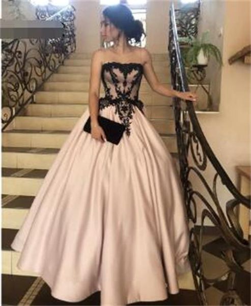 

amazing ball gown prom dress 2021 scoop illusion neck black lace applique champagne satin skirt long evening party gown