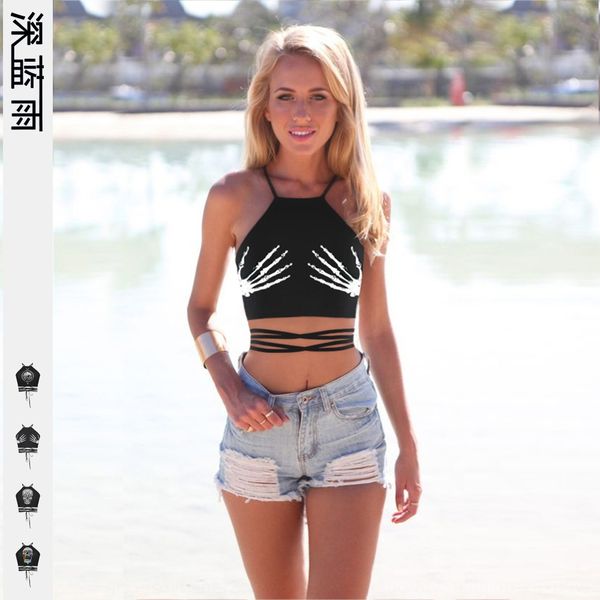 

zyaxf skeleton 3d printed cross lace-up half backless beach camisole small skeleton 3d printed cross vest lace-up half backles, Camo