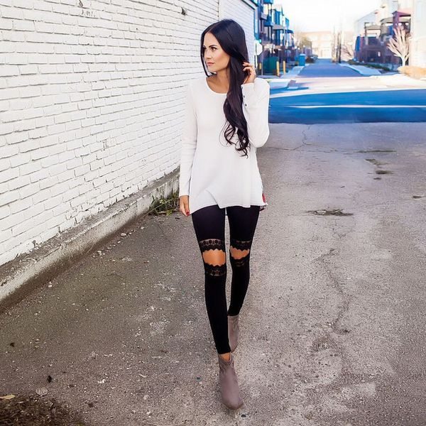 

women fashion lady punk hole leggins ripped slit split leggings party gothic pants selling push up leggingstrousers, Black