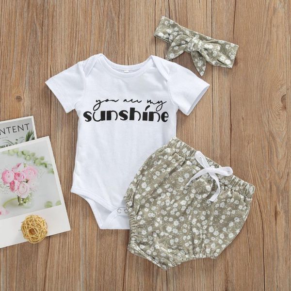 

3pcs newborn baby girl outfits, short sleeve letter print romper + floral bloomers + headband set, White
