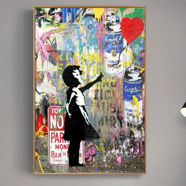 

Graffiti Art Pictures Girl Chasing Balloons Street Canvas Painting Posters Wall Art Pictures for Living Room Decor (No Frame)