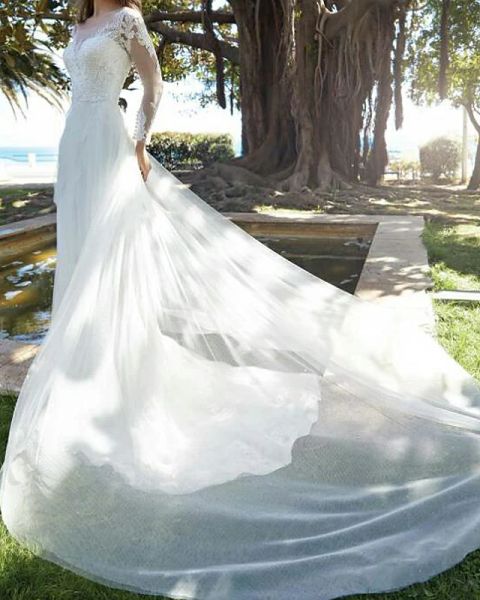 

a-line wedding dresses jewel neck court train tulle polyester long sleeve country plus size illusion sleeve with lace embroidery, White