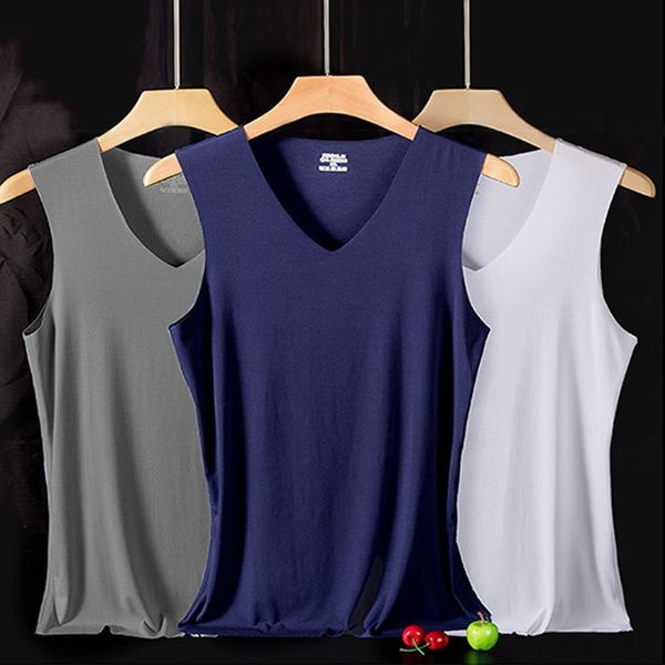 

men's seamless vest summer round neck/v-neck ice silk sweat sweat slim fit sports shirt men's modal sleeveless base shirt, Black;brown