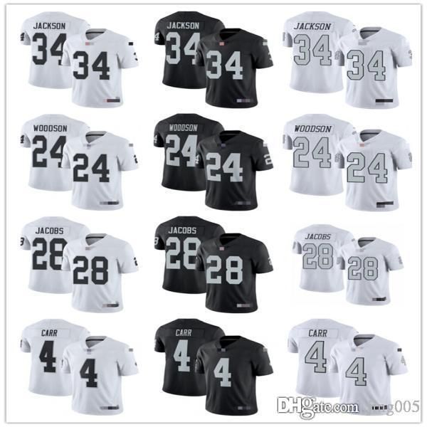 

men women youth las vegas raiders 24 charles woodson 4 derek carr 24 johnathan abram 34 bo jackson 28 josh jacobs football jerse, Black;red