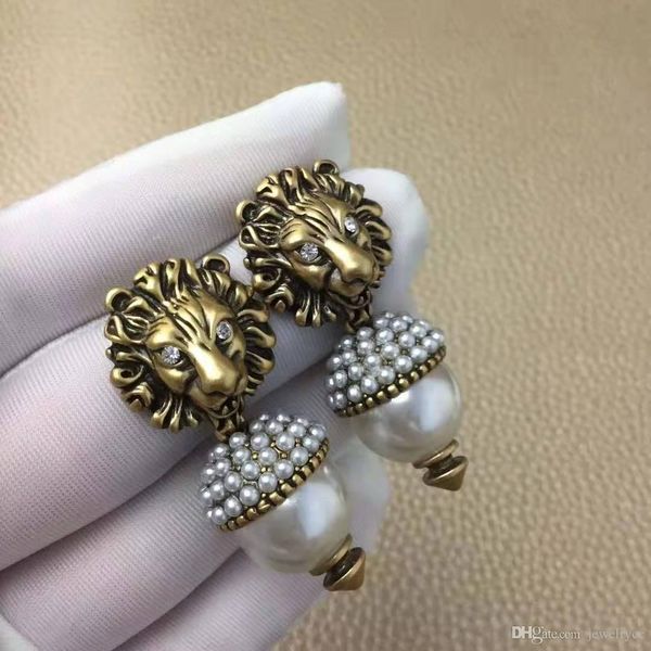 

european and american custom retro lion head colorful diamond designer earrings luxury designer jewelry women earrings, Golden