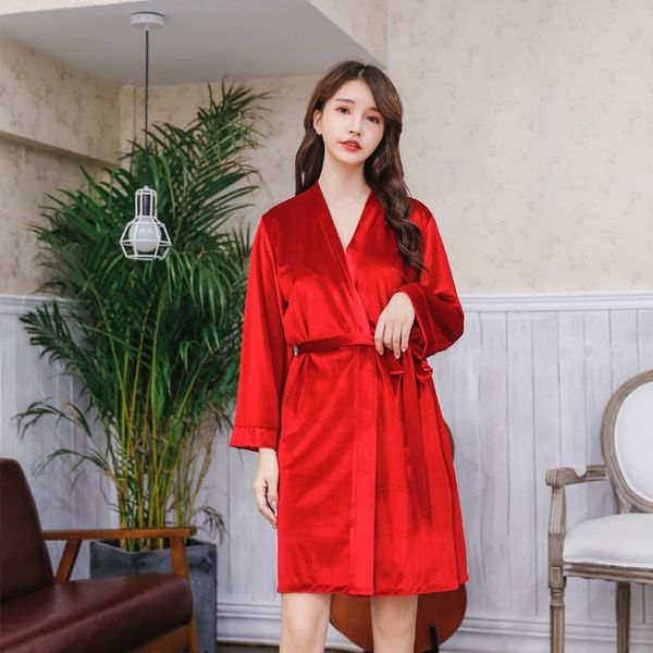 

gikjx нового бархат корейских моды твердого colormid- v-образного вырез рукав халат нового бархат корейских мод твердых colormid длиной пижа, Blue;red