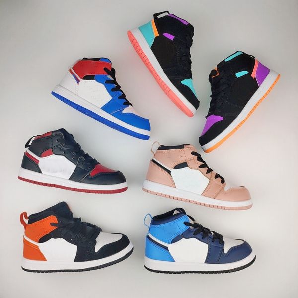 

mid ajs 1 one kids basketball shoes chicago pink quartz multicolored embroidered obsidian shattered backboard royal blue children sport shoe, Black