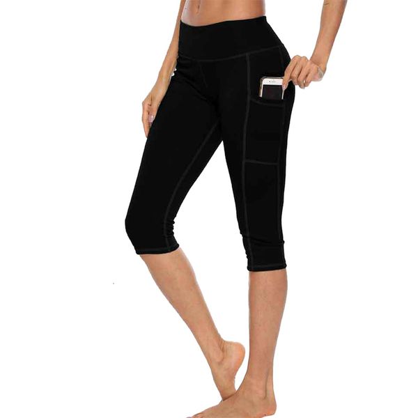 

2020 workout capri fitness leggings women high waist jogger pants mid calf with side pocket ladies sportwear running legins, Black