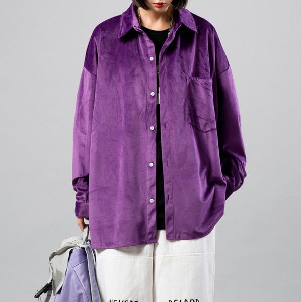 

2020 spring and autumn new youth popular couple retro velvet texture solid color long-sleeved shirt fashion casual -5xl, White;black