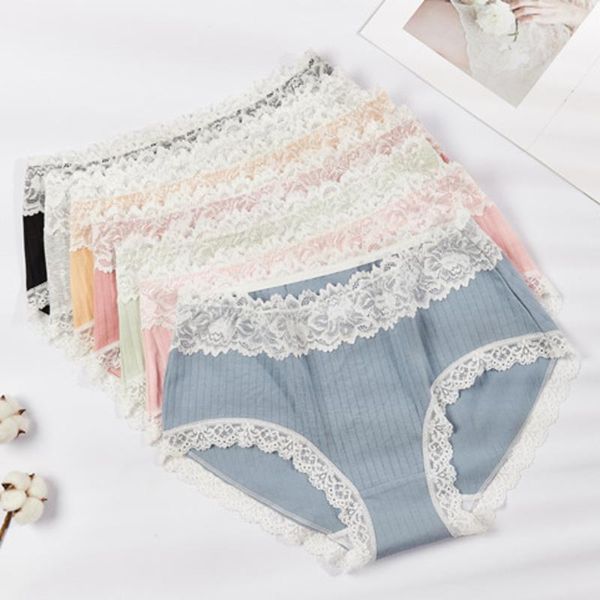 

comfortableÂ cotton plus size underwear women breathable elasticity intimates lingerie seamless high waist lace side panties, Black;pink