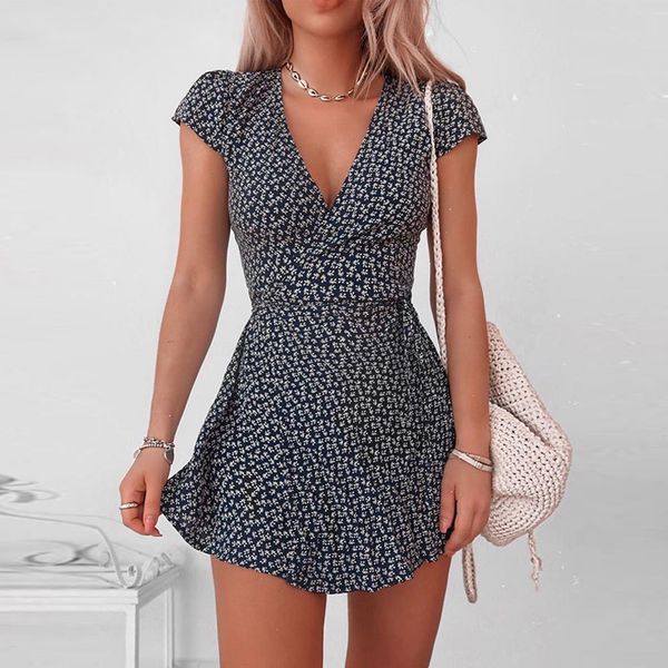 

women v-neck floral short sleeve mini dress elegant bodycon casual dress, Black