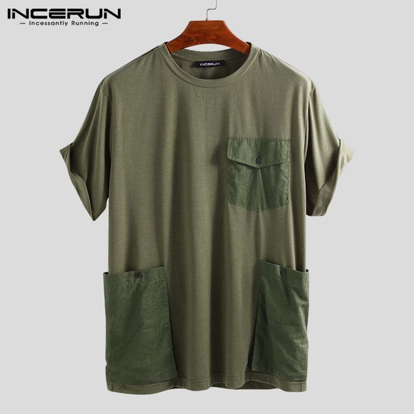 

incerun fashion men t shirt pockets solid short sleeve loose high street casual tees men couple ladies t-shirts plus size 2019 t200219, White;black