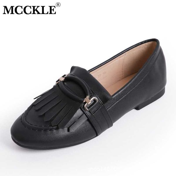 

mcckle women slip on pu leather flat shoes ladies fringe metal decoration flats shoe woman fashion casual female loafer footwear, Black