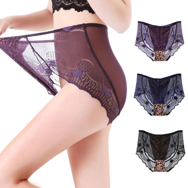 

leopard panties high waist lace transparent mesh plus size underwear female big briefs women panties large size 6xl ladies, Black;pink