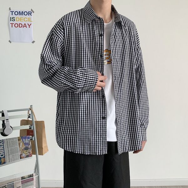 

men's casual shirts plaid shirt men black vinatge long sleeve clothes large size mens streetwear checkered blouse boy fashion, White;black