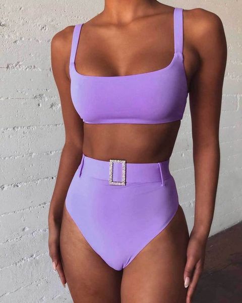 

high waist bikini solid purple high leg rhinestone belt swimsuit beach bathing suit push up padded two piece swimwear biquini, White;black
