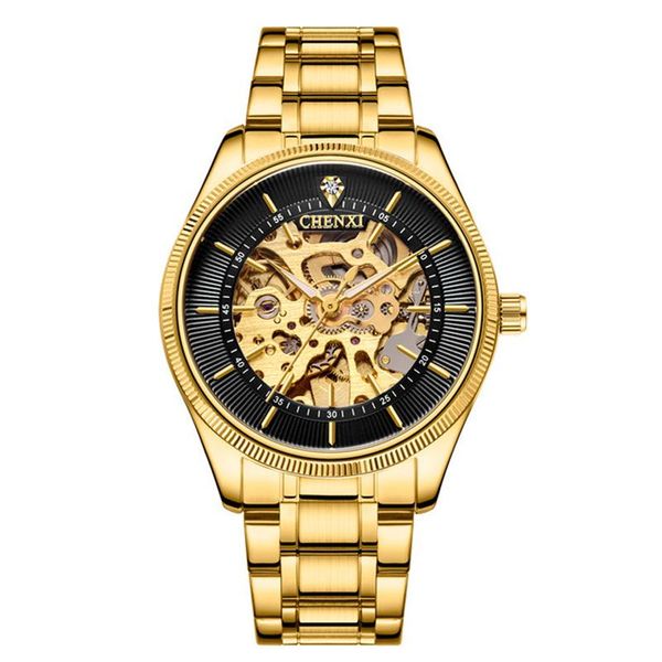 

chenxi stainless steel mechanical automatic wristwatch gold skeleton dial face stainless steel buckle male business wristwatch, Slivery;brown