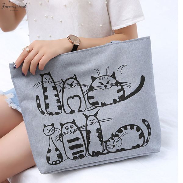 

women cute cartoon cat print canvas shoulder bag zipper casual tote shopping animal print handbag new