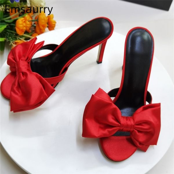 

summer big bowknot high heel slippers women red satin stiletto heel cut outs slip-on runway butterfly-knot shoes woman, Black