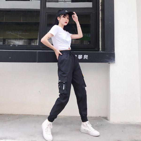 

womens designer pants big pockets women pant high waist casual clothing loose trousers tactical hip hop pants trousers, Black;white