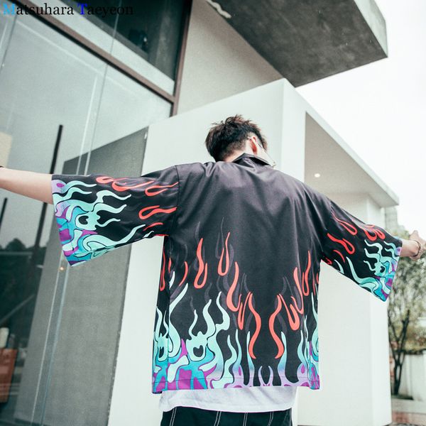 

sweetown casual flame print harajuku men jacket streetwear flaming fire graphic fashion kimono crop clothes, Black;brown