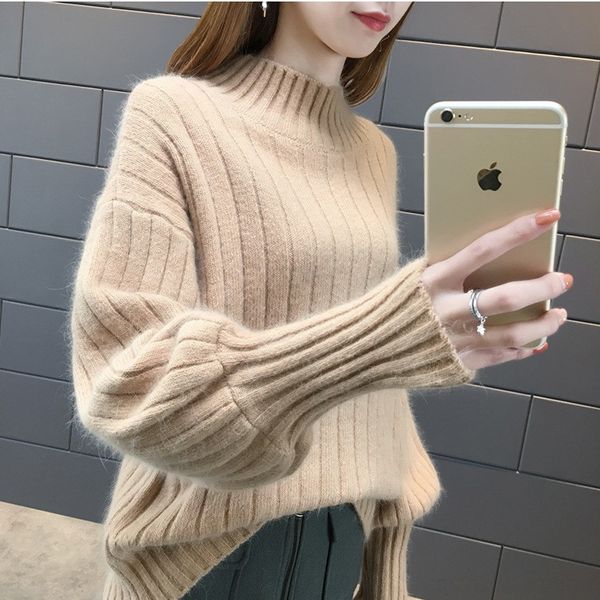 

jfwry lantern sleeve lazy semi-turtleneck sweater 2020 new loose trendy season knitted bottoming shirt pullover pulloversweater pullover for, White