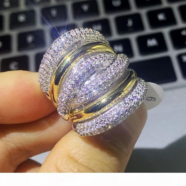 

e sparkling vintage jewelry 925 sterling silver full pave white sapphire cz diamond party promise women wedding cross band bridal ring, Slivery;golden