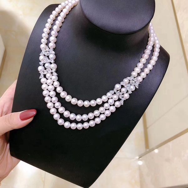 

natural fresh water aaa pearl necklace 50mm 3 layers 18k silver with all hand inlaid cubic zircon necklace big and small pearl mixed