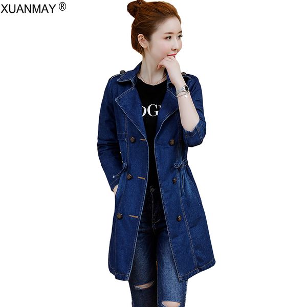 

women's cowboy suit coat long trench casual dark blue denim fabric long style spring buttons cardigan trench coat, Tan;black