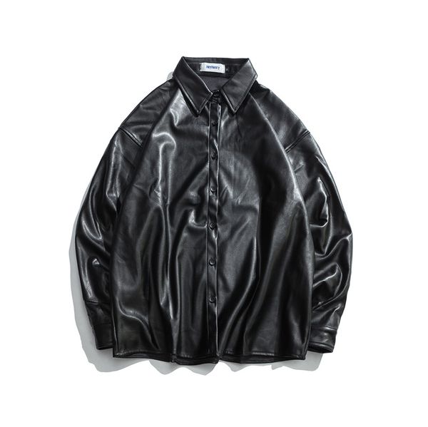

new ins autumn loose shirt male bf couple all match oversized pu leather jacket tide female shirt, Black