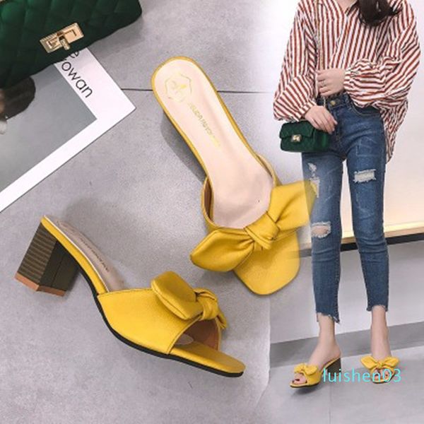 

bowknot sweet slippers ladies comfortable slip on shoes fashion woman square heels 2020 summer casual open toe female footwear l03, Black
