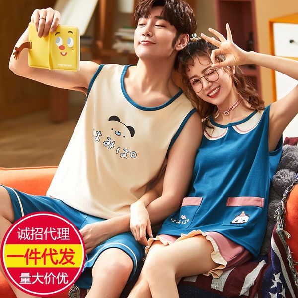 

couple's pajamas cotton vest shorts creative cotton men's and women's korean sleeveless suit pants suit vest pants set home w, Blue;red