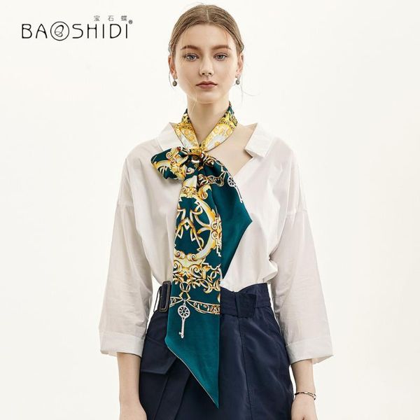 

baoshidi] 2020 spring fashion double face skinny, 100% silk satin ribbon,elegant neckerchief,lady hair accessory scarf women, Blue;gray
