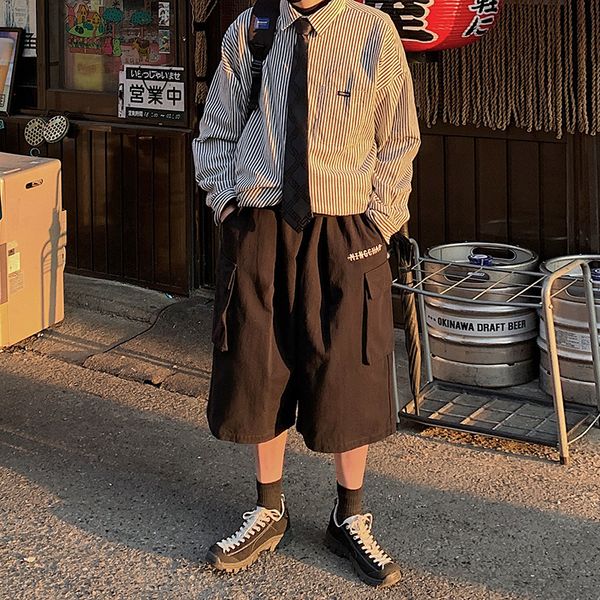 

2020 spring and summer new youth popular japanese ins loose wide leg cropped pants fashion casual overalls black / khaki m-2xl