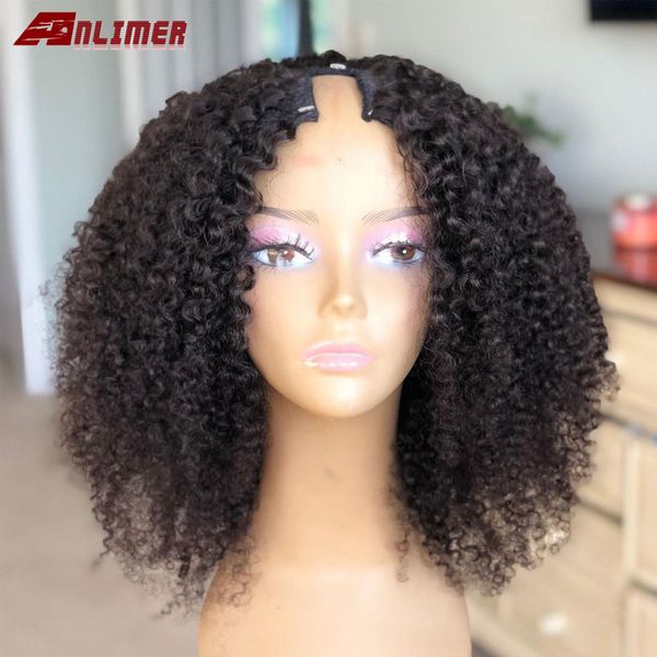 

short afro kinky curly u part wig 250% density human hair brazilian remy hair 1*3'' u part wigs kinky curly for woman anlimer, Black