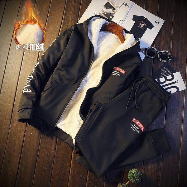 

men's tracksuits winter thick men set thick fleece hooded suit men two piece set track suit hoodie 2 piece women sportswear, Gray