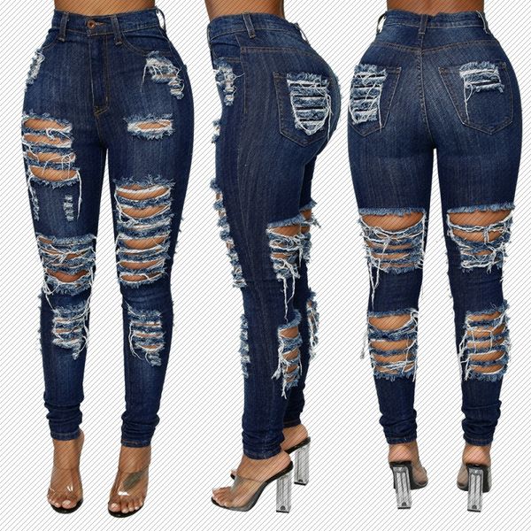

w8305 amazon independent station cross-border selling womens fashion casual street washed ripped jeans, Blue