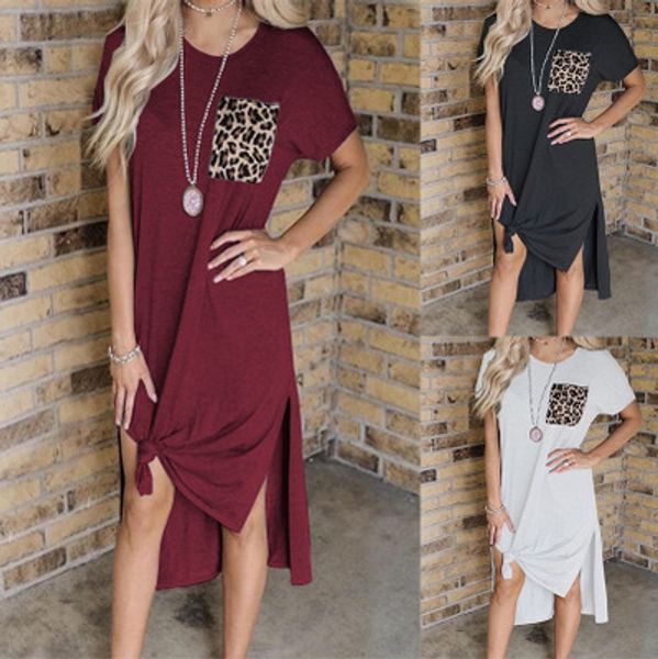 

Women Short Sleeve Dress Women Designer Casual Dress 2020 New Summer Split Dresses Ladys Leopard Pocket Dresses Fashion Style Daily Clothing