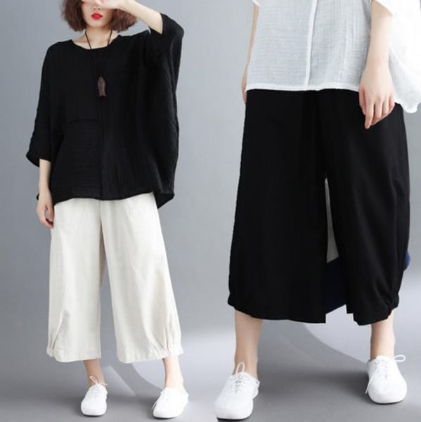 

summer wide leg elastic waist pocket elastic legs loose casual ankle length cotton linen women lj777, White;black